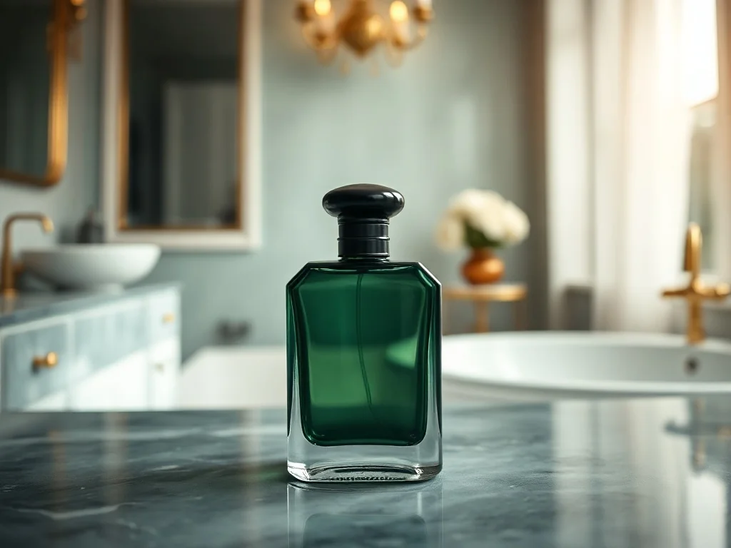 Elegancki flakon perfum Paco Rabanne pour homme na marmurowym blacie w luksusowej łazience.