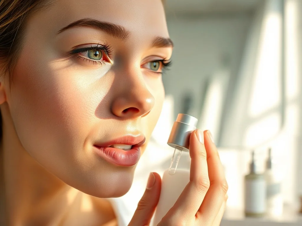 Kobieta nakłada serum na promienną skórę twarzy w jasnej, minimalistycznej łazience, dbając o codzienną pielęgnację.