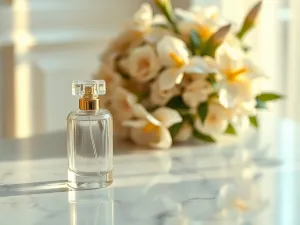 Elegancki flakon perfum Calvin Klein trzymany przez kobietę na tle słonecznej, minimalistycznej sypialni.