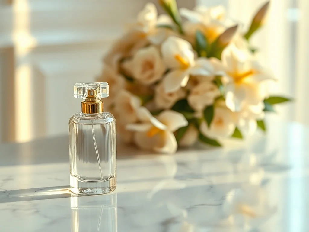 Elegancki flakon perfum La Rive Her Choice na marmurowym blacie w otoczeniu kwiatów jaśminu i irysa.