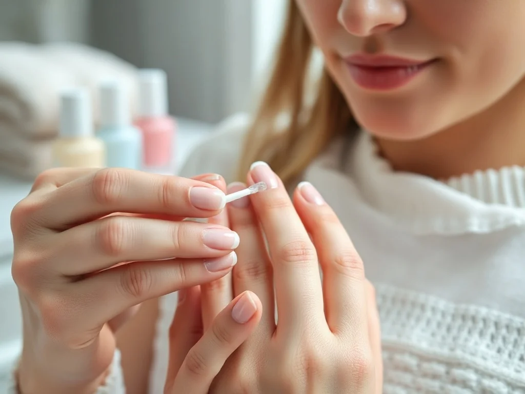 Kobieta nakłada pędzelkiem żel do usuwania skórek podczas profesjonalnego manicure w jasnym salonie kosmetycznym.