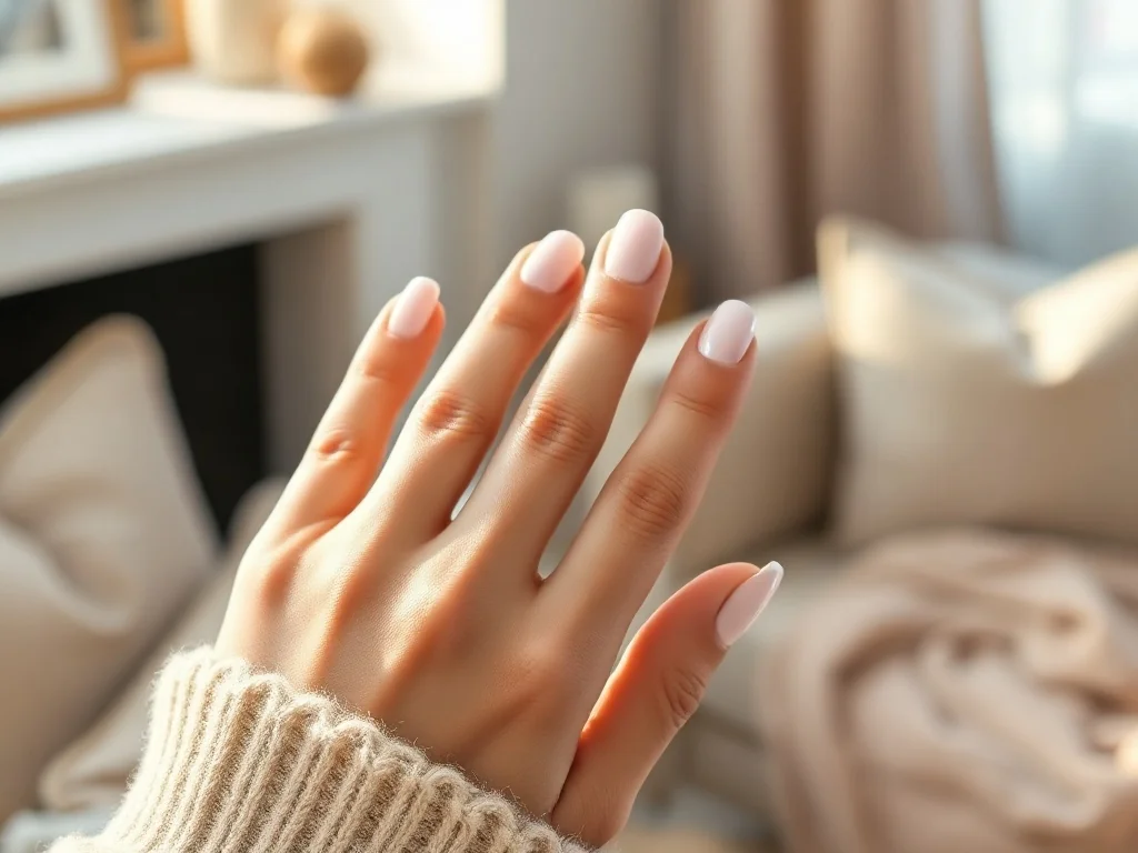 Zadbane krótkie paznokcie pomalowane w minimalistycznym, pastelowym stylu na tle przytulnego wnętrza.